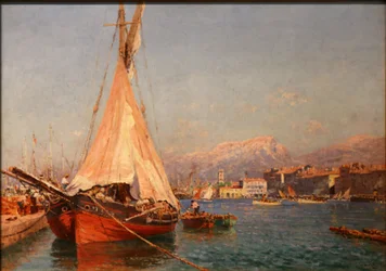 Tartane rouge au fond du port et quai de la consigne